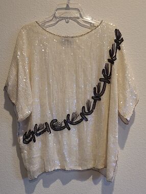 J.L.B. SILK Ivory Sequin Embellished Women's Top w/Black Beaded Accent Size 2x